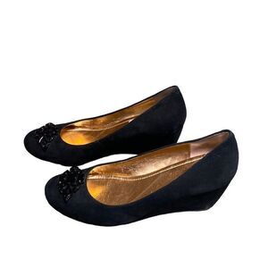 BCBG Black Suede Jeweled Wedge Size 7.5